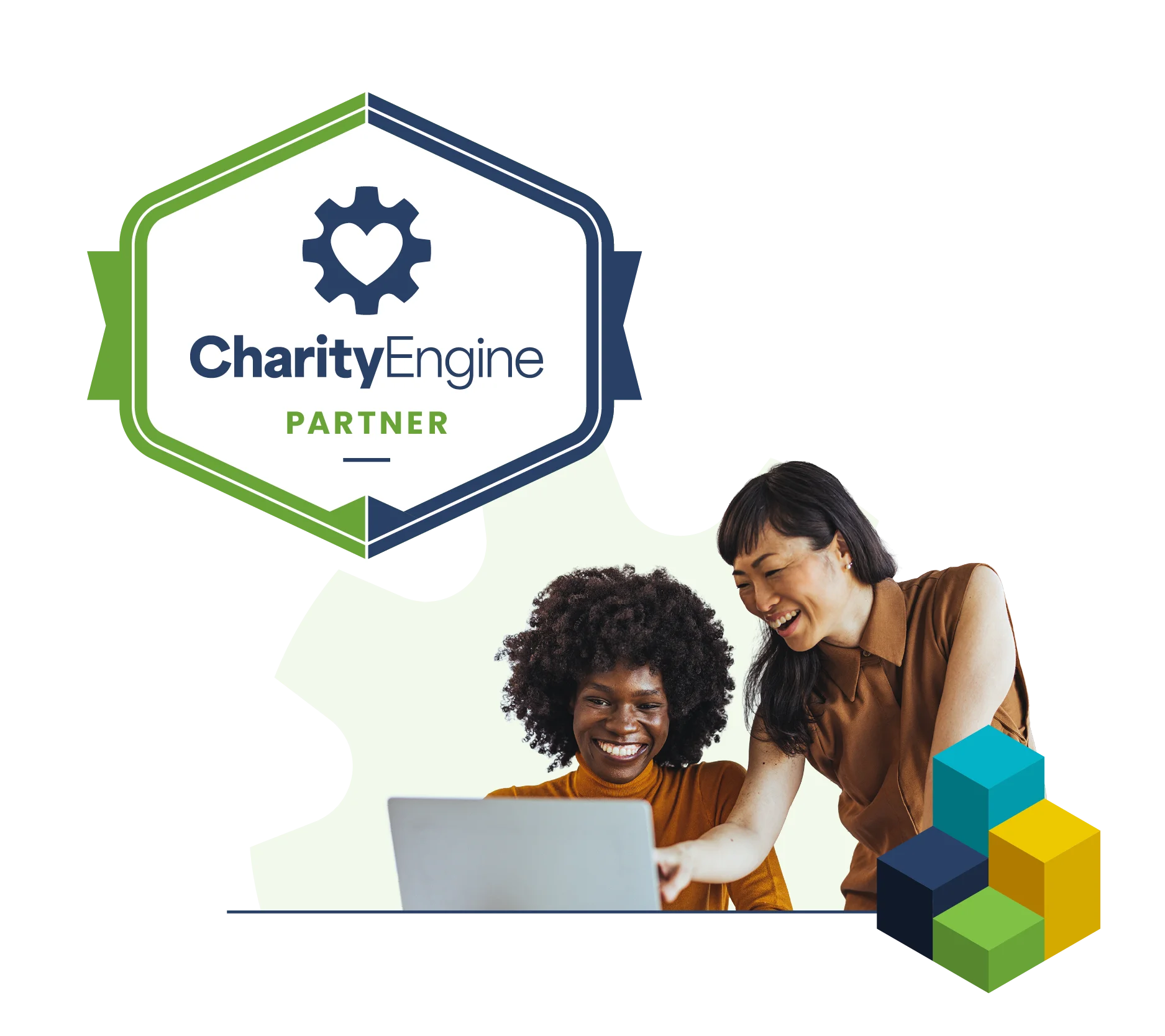 CharityEngine Partner Logo with two women looking over a computer screen together