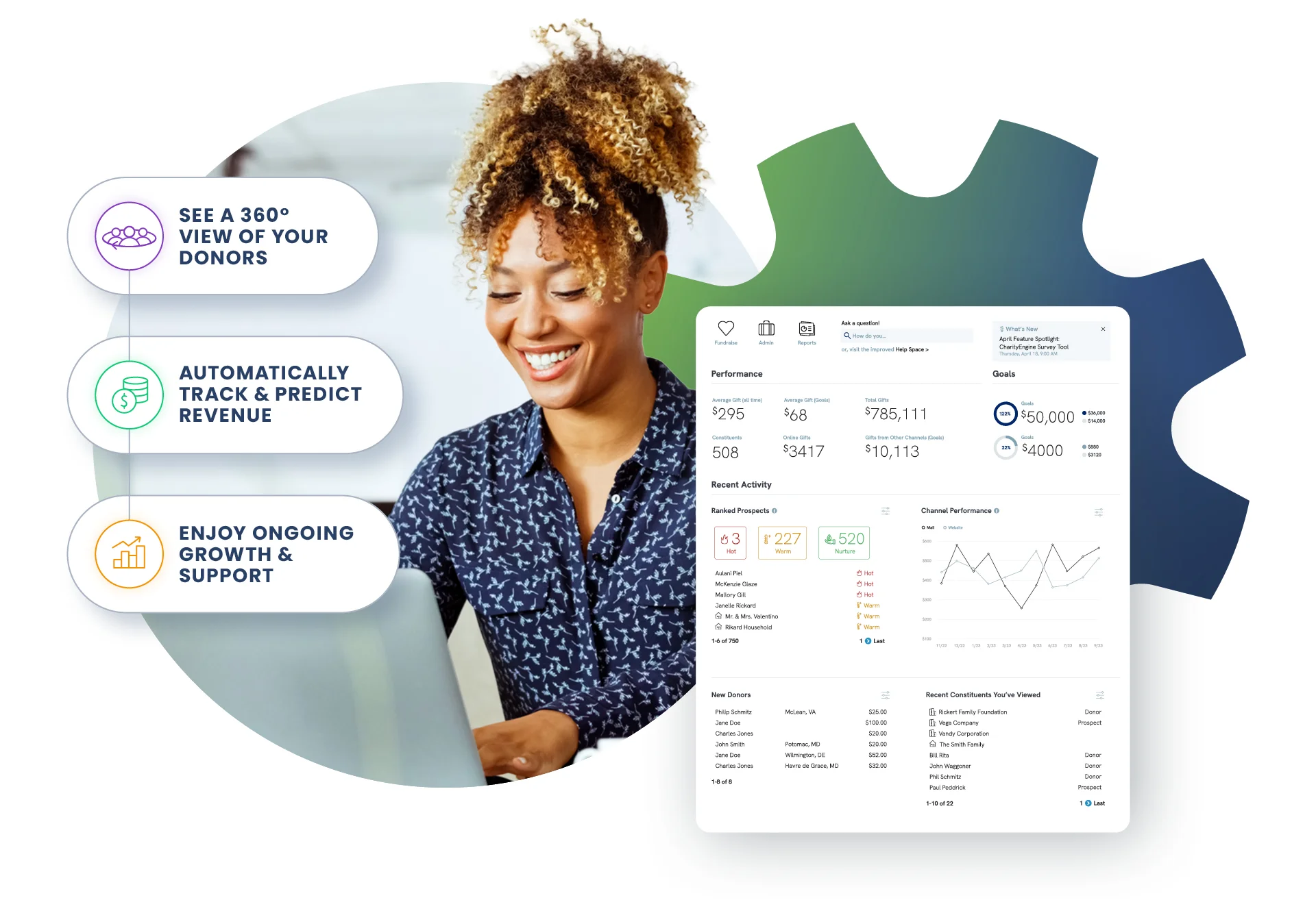 Nonprofit female CEO looking at a computer running her CRM and smiling.