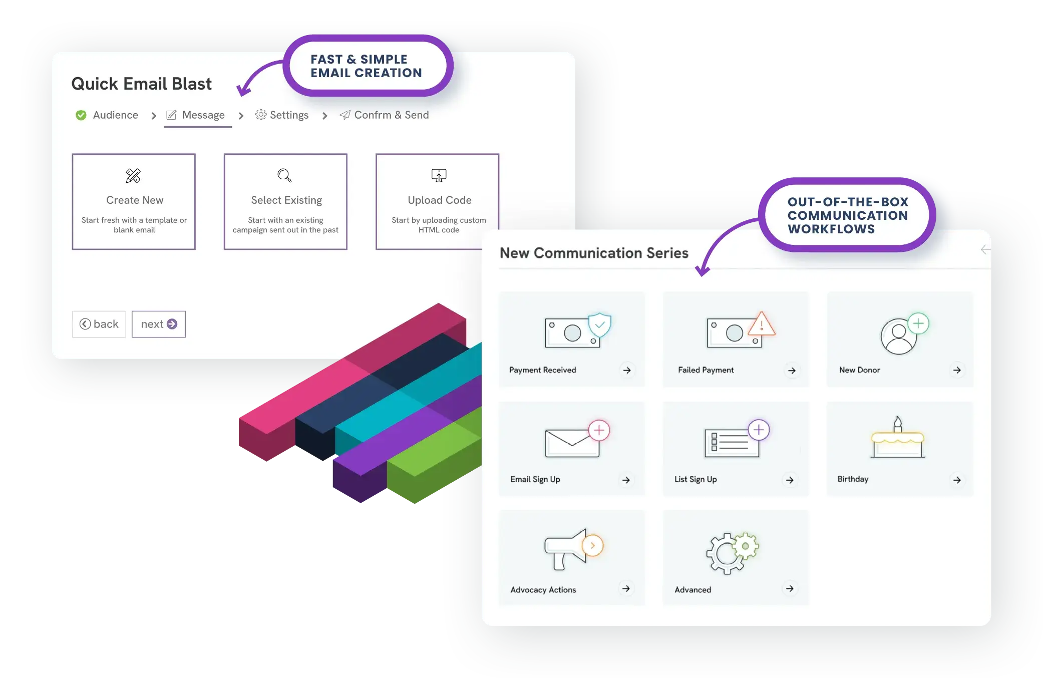 CharityEngine's nonprofit email marketing software showing fast and simple email creation and out-of-the-box communication workflows.