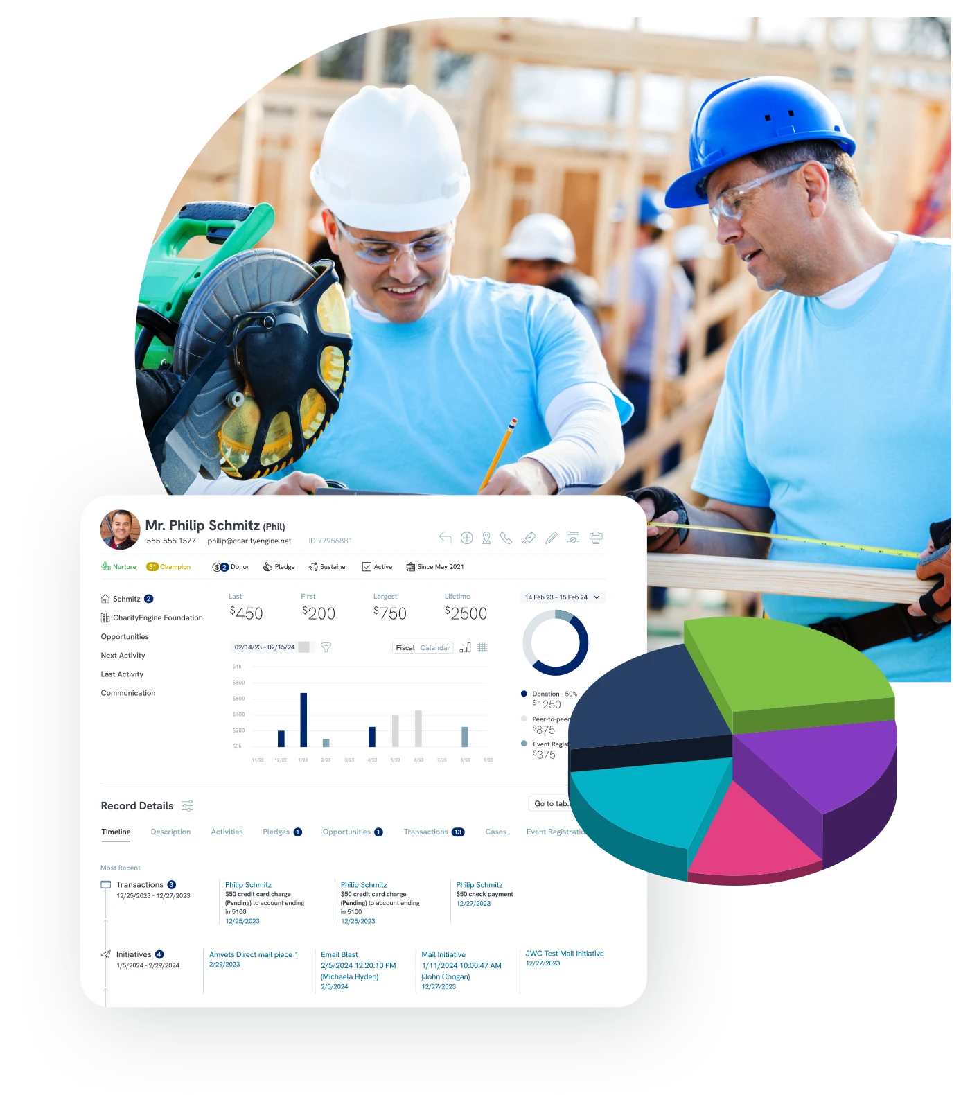 People working together to build a house with a screenshot of CharityEngine