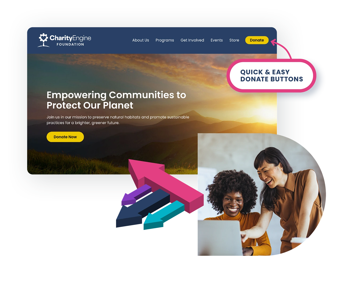 home page showing Donate buttons with a callout that says Quick & Easy Donate Buttons