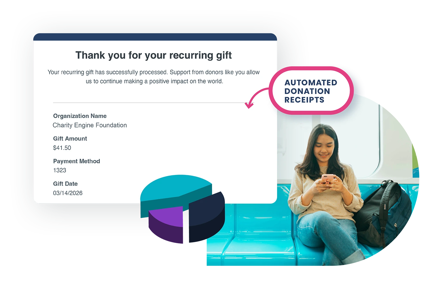 screenshot of donation receipt with gift amount, payment method and other info